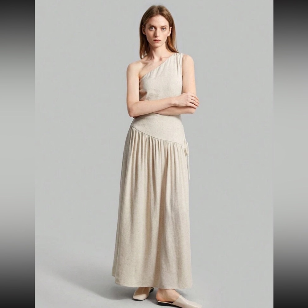 Elegant Khaki Linen One-Shoulder Dress
